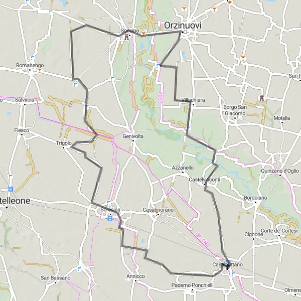 Miniaturní mapa "Road cyklotrasa v okolí Casalbuttano" inspirace pro cyklisty v oblasti Lombardia, Italy. Vytvořeno pomocí plánovače tras Tarmacs.app