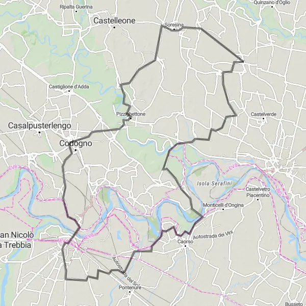 Miniatura della mappa di ispirazione al ciclismo "Pedalata panoramica da Paderno Ponchielli a Casalmorano" nella regione di Lombardia, Italy. Generata da Tarmacs.app, pianificatore di rotte ciclistiche