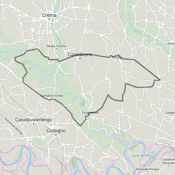 Kartminiatyr av "Casalbuttano tilbake til Casalbuttano via Adda-elven" sykkelinspirasjon i Lombardia, Italy. Generert av Tarmacs.app sykkelrutoplanlegger