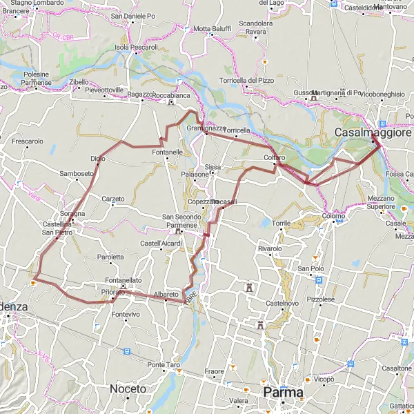 Miniatua del mapa de inspiración ciclista "Ruta de Grava alrededor de Casalmaggiore" en Lombardia, Italy. Generado por Tarmacs.app planificador de rutas ciclistas