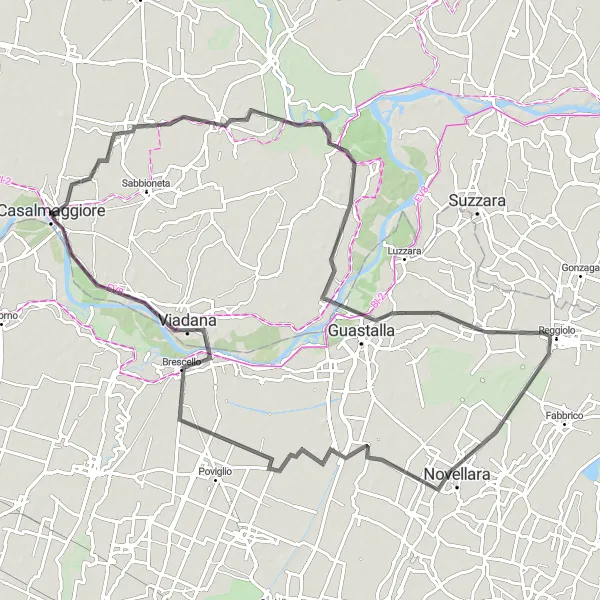 Kartminiatyr av "Oppdag Guastalla og Brescello" sykkelinspirasjon i Lombardia, Italy. Generert av Tarmacs.app sykkelrutoplanlegger