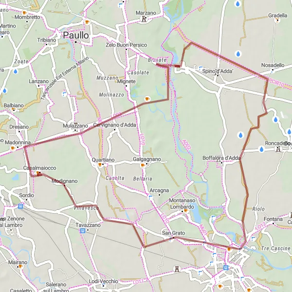 Miniatua del mapa de inspiración ciclista "Ruta de Grava de Casalmaiocco a Modignano" en Lombardia, Italy. Generado por Tarmacs.app planificador de rutas ciclistas