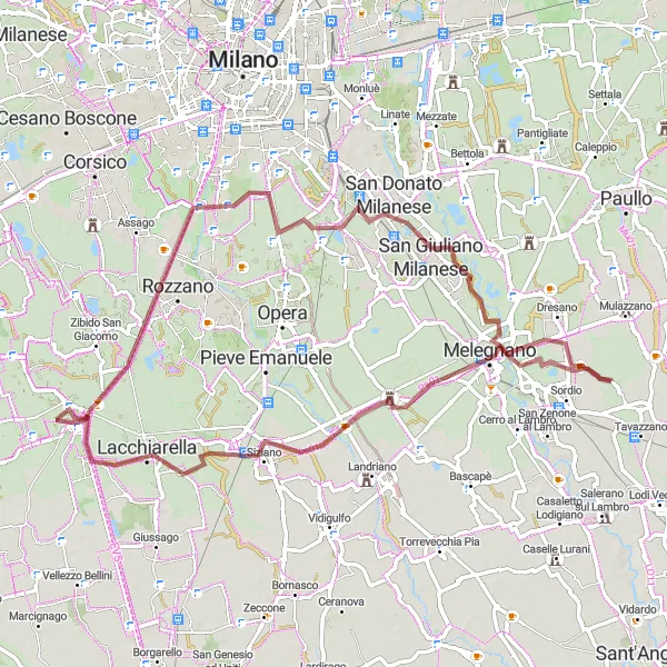 Map miniature of "Gravel Adventure: Melegnano to San Giuliano Milanese" cycling inspiration in Lombardia, Italy. Generated by Tarmacs.app cycling route planner