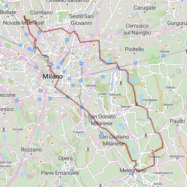 Map miniature of "Casalmaiocco to Dresano Gravel Cycling Route" cycling inspiration in Lombardia, Italy. Generated by Tarmacs.app cycling route planner