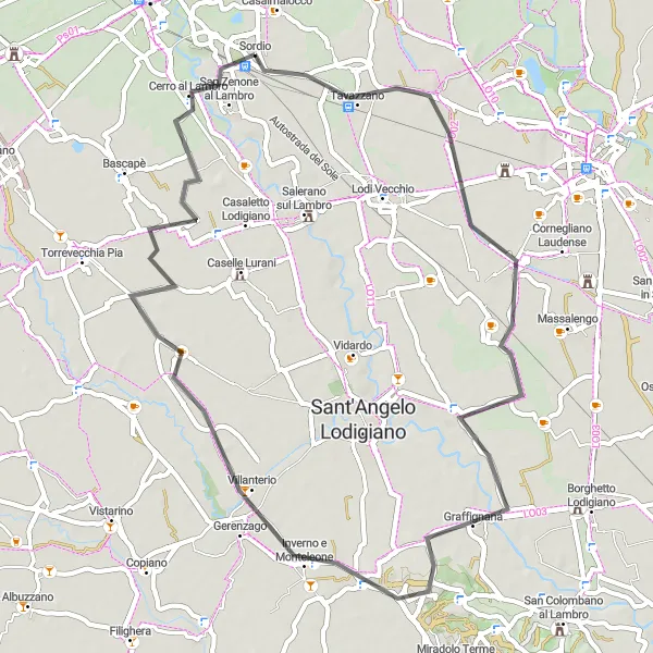 Miniature de la carte de l'inspiration cycliste "Tour cycliste vers Valera Fratta" dans la Lombardia, Italy. Générée par le planificateur d'itinéraire cycliste Tarmacs.app