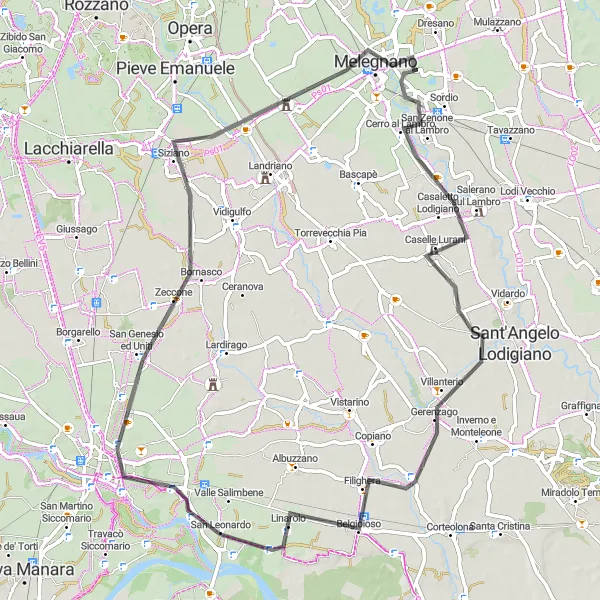 Map miniature of "Caselle Lurani to Melegnano" cycling inspiration in Lombardia, Italy. Generated by Tarmacs.app cycling route planner