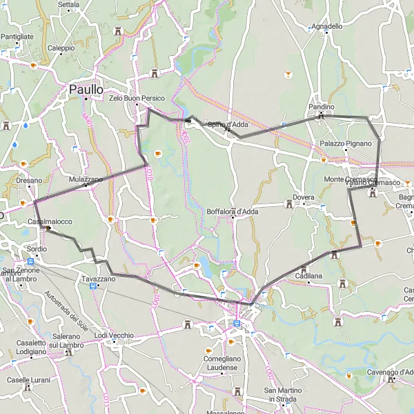 Karttaminiaatyyri "Casalmaiocco ympäri Lodiin" pyöräilyinspiraatiosta alueella Lombardia, Italy. Luotu Tarmacs.app pyöräilyreittisuunnittelijalla