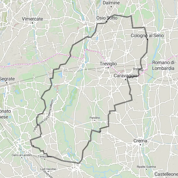 Map miniature of "Casalmaiocco to Villavesco Road Cycling Route" cycling inspiration in Lombardia, Italy. Generated by Tarmacs.app cycling route planner