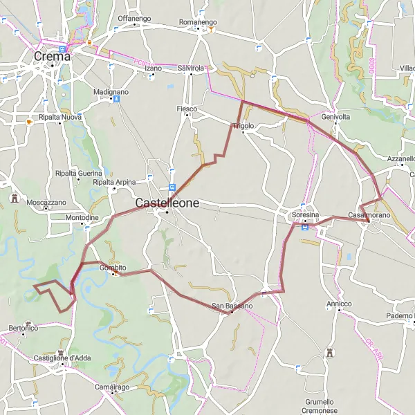 Zemljevid v pomanjšavi "Gravel Cycling Adventure near Casalmorano" kolesarske inspiracije v Lombardia, Italy. Generirano z načrtovalcem kolesarskih poti Tarmacs.app