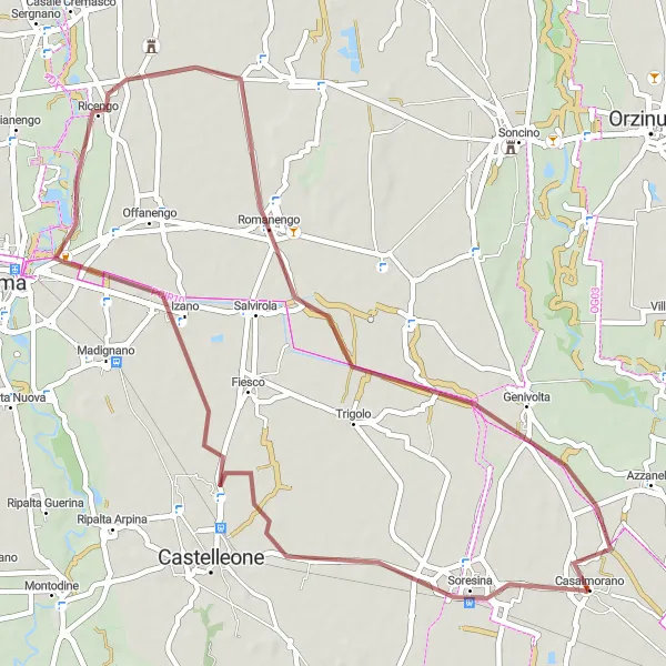 Miniaturní mapa "Gravel cyklistická trasa kolem Casalmorano" inspirace pro cyklisty v oblasti Lombardia, Italy. Vytvořeno pomocí plánovače tras Tarmacs.app