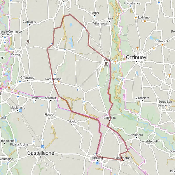 Miniatua del mapa de inspiración ciclista "Ruta de ciclismo de gravilla pasando por Casalmorano" en Lombardia, Italy. Generado por Tarmacs.app planificador de rutas ciclistas