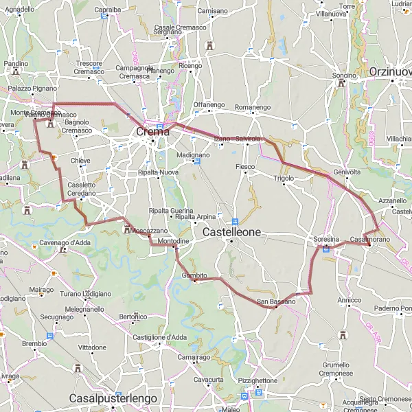 Miniatura della mappa di ispirazione al ciclismo "Gravel di San Bassano" nella regione di Lombardia, Italy. Generata da Tarmacs.app, pianificatore di rotte ciclistiche