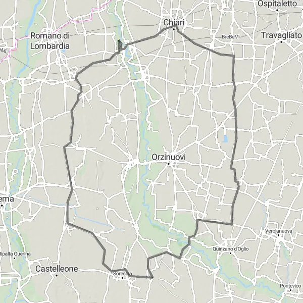 Mapa miniatúra "Výlet do okolia Casalmorano" cyklistická inšpirácia v Lombardia, Italy. Vygenerované cyklistickým plánovačom trás Tarmacs.app