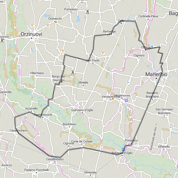 Zemljevid v pomanjšavi "Kolesarska pot okoli Casalmorana" kolesarske inspiracije v Lombardia, Italy. Generirano z načrtovalcem kolesarskih poti Tarmacs.app