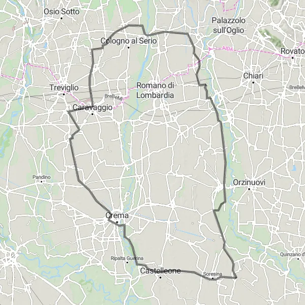 Miniatua del mapa de inspiración ciclista "Ruta de Carretera hasta Pumenengo" en Lombardia, Italy. Generado por Tarmacs.app planificador de rutas ciclistas