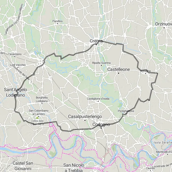 Kartminiatyr av "Sykling rundt Casalmorano og Lodi" sykkelinspirasjon i Lombardia, Italy. Generert av Tarmacs.app sykkelrutoplanlegger