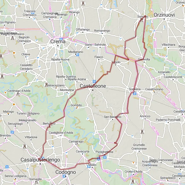 Kartminiatyr av "Grusvei sykling fra Casalpusterlengo" sykkelinspirasjon i Lombardia, Italy. Generert av Tarmacs.app sykkelrutoplanlegger