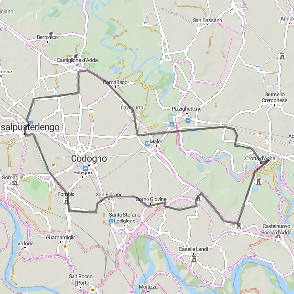 Mapa miniatúra "Kultúrna cesta dookola Casalpusterlenga" cyklistická inšpirácia v Lombardia, Italy. Vygenerované cyklistickým plánovačom trás Tarmacs.app