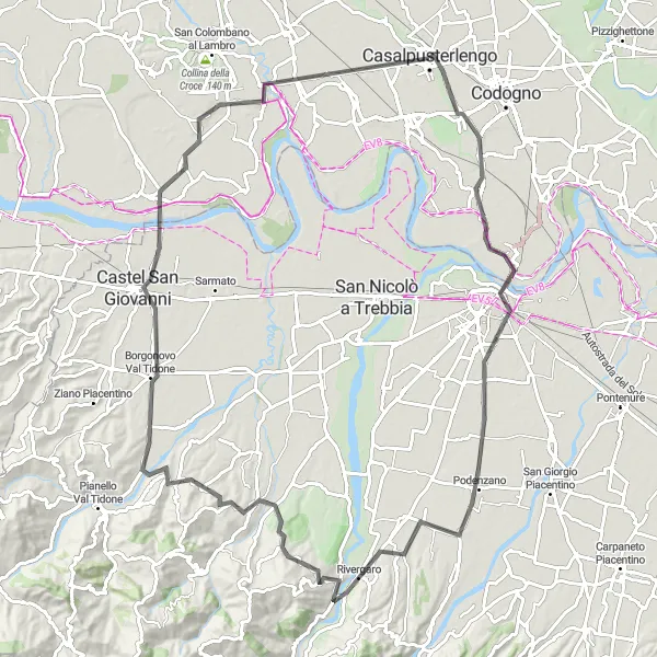 Miniatura mapy "Wyprawa rowerowa do Piacenza i Castel San Giovanni" - trasy rowerowej w Lombardia, Italy. Wygenerowane przez planer tras rowerowych Tarmacs.app