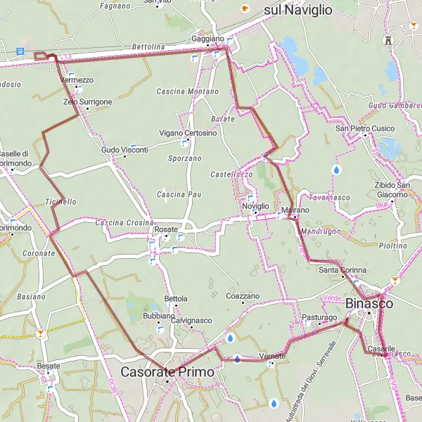 Miniatura della mappa di ispirazione al ciclismo "Percorso ciclistico gravel da Casarile a Vermezzo e Binasco" nella regione di Lombardia, Italy. Generata da Tarmacs.app, pianificatore di rotte ciclistiche
