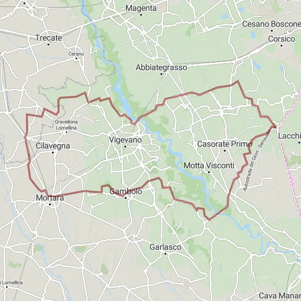 Miniatua del mapa de inspiración ciclista "Ruta por Trovo, Gambolò, Borgolavezzaro, Ozzero y Noviglio en gravilla" en Lombardia, Italy. Generado por Tarmacs.app planificador de rutas ciclistas