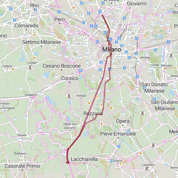 Miniatuurkaart van de fietsinspiratie "Stadstocht van Milaan naar Binasco" in Lombardia, Italy. Gemaakt door de Tarmacs.app fietsrouteplanner