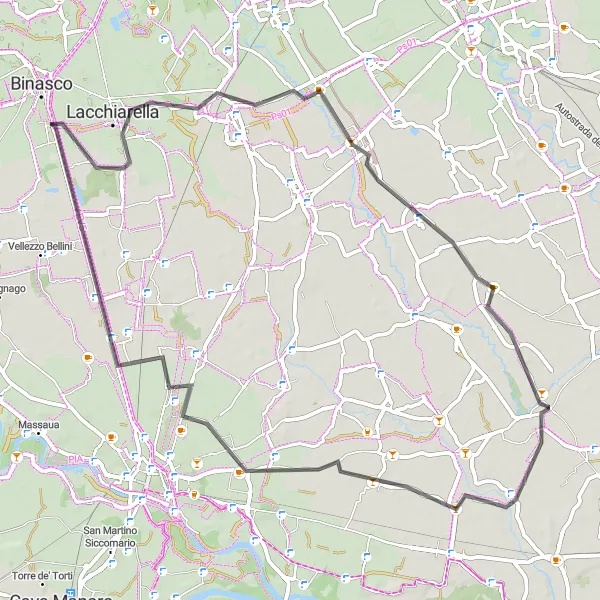 Mapa miniatúra "Cyklotrasa cez Siziano, Landriano, Valera Fratta a Borgarello" cyklistická inšpirácia v Lombardia, Italy. Vygenerované cyklistickým plánovačom trás Tarmacs.app