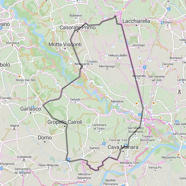 Map miniature of "Pavia and Beyond" cycling inspiration in Lombardia, Italy. Generated by Tarmacs.app cycling route planner