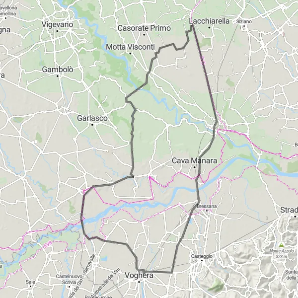 Mapa miniatúra "Road cycling do Voghera" cyklistická inšpirácia v Lombardia, Italy. Vygenerované cyklistickým plánovačom trás Tarmacs.app