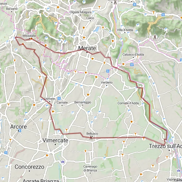 Miniatuurkaart van de fietsinspiratie "Korte gravelroute naar Robbiate en Trezzo sull'Adda" in Lombardia, Italy. Gemaakt door de Tarmacs.app fietsrouteplanner