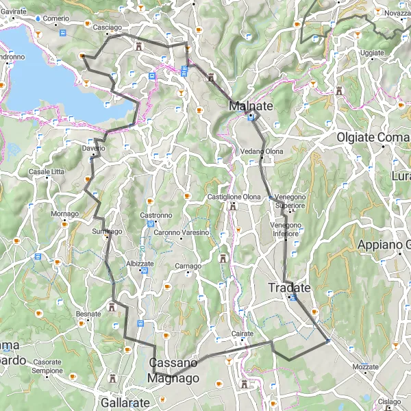 Zemljevid v pomanjšavi "Raziskovanje okolice Varese na dveh kolesih" kolesarske inspiracije v Lombardia, Italy. Generirano z načrtovalcem kolesarskih poti Tarmacs.app