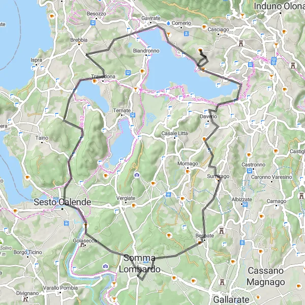 Miniature de la carte de l'inspiration cycliste "Parcours panoramique autour de Varese et Lac Varese" dans la Lombardia, Italy. Générée par le planificateur d'itinéraire cycliste Tarmacs.app