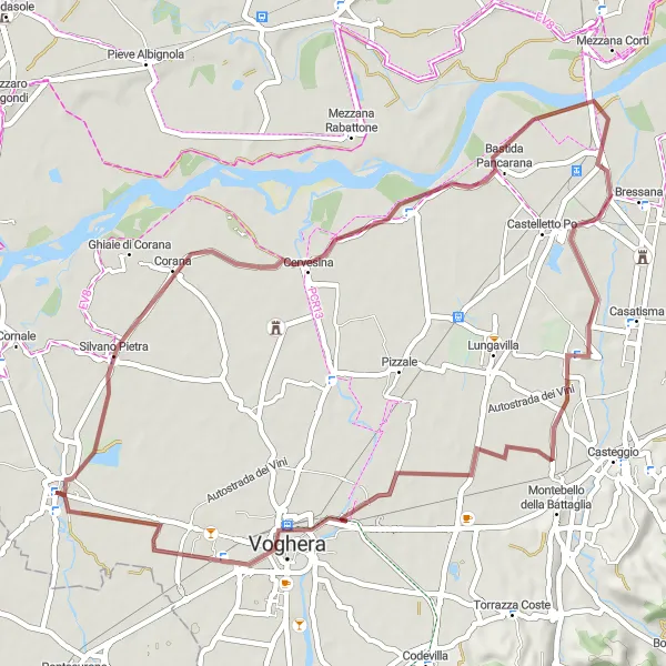 Miniatura della mappa di ispirazione al ciclismo "Giro in Gravel da Casei a Cascina Cagnano" nella regione di Lombardia, Italy. Generata da Tarmacs.app, pianificatore di rotte ciclistiche