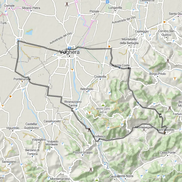 Kartminiatyr av "Utflykt till Rivanazzano Terme" cykelinspiration i Lombardia, Italy. Genererad av Tarmacs.app cykelruttplanerare