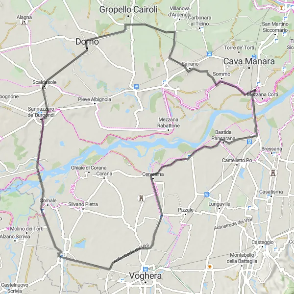Miniatua del mapa de inspiración ciclista "Ruta de ciclismo de carretera cerca de Casei Gerola" en Lombardia, Italy. Generado por Tarmacs.app planificador de rutas ciclistas