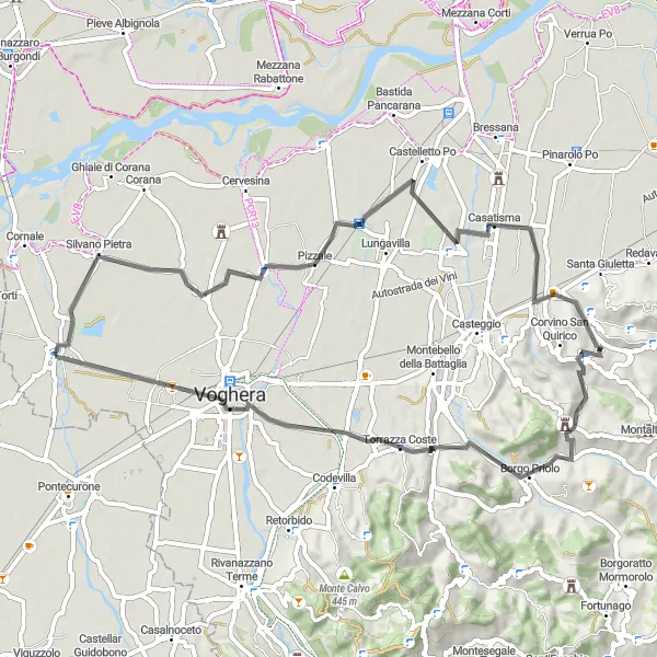 Karten-Miniaturansicht der Radinspiration "Radabenteuer um Torrazza Coste" in Lombardia, Italy. Erstellt vom Tarmacs.app-Routenplaner für Radtouren