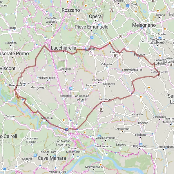 Miniatura della mappa di ispirazione al ciclismo "Gravel tra Caselle Lurani e Landriano" nella regione di Lombardia, Italy. Generata da Tarmacs.app, pianificatore di rotte ciclistiche