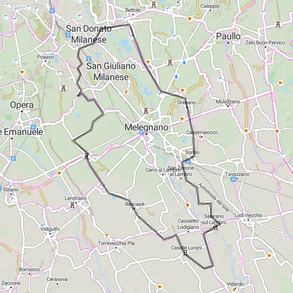 Miniatua del mapa de inspiración ciclista "Ruta Escénica de Ciclismo en Carretera desde Caselle Lurani" en Lombardia, Italy. Generado por Tarmacs.app planificador de rutas ciclistas