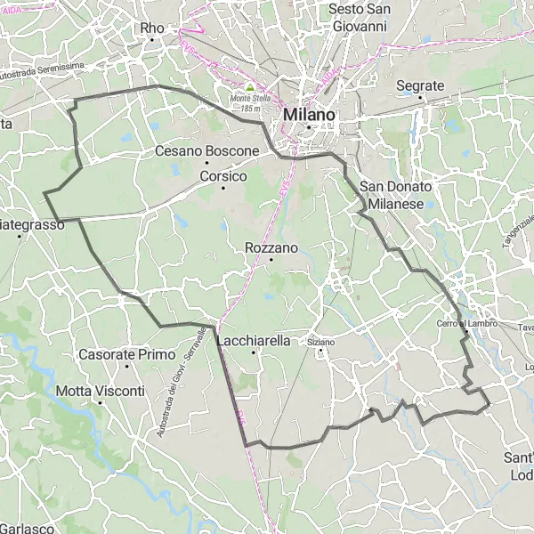 Miniatuurkaart van de fietsinspiratie "Casarile - Albairate - Settimo Milanese - Chiaravalle - Melegnano - Caselle Lurani" in Lombardia, Italy. Gemaakt door de Tarmacs.app fietsrouteplanner