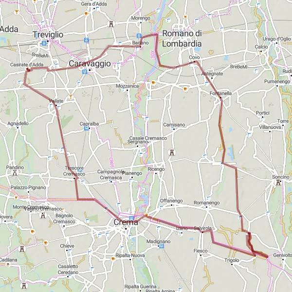 Miniatuurkaart van de fietsinspiratie "Rondrit rond Casirate d'Adda via Caravaggio, Antegnate, Crema en Arzago d'Adda" in Lombardia, Italy. Gemaakt door de Tarmacs.app fietsrouteplanner