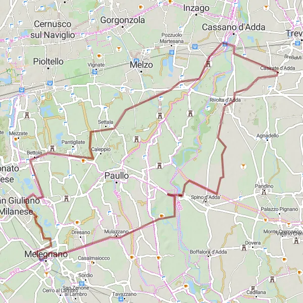 Karttaminiaatyyri "Kierros Arzago d'Adda ympäri" pyöräilyinspiraatiosta alueella Lombardia, Italy. Luotu Tarmacs.app pyöräilyreittisuunnittelijalla