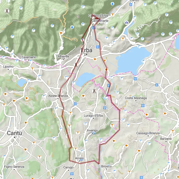 Zemljevid v pomanjšavi "Pustolovščina po makadamskih poteh okoli Caslina d'Erba" kolesarske inspiracije v Lombardia, Italy. Generirano z načrtovalcem kolesarskih poti Tarmacs.app