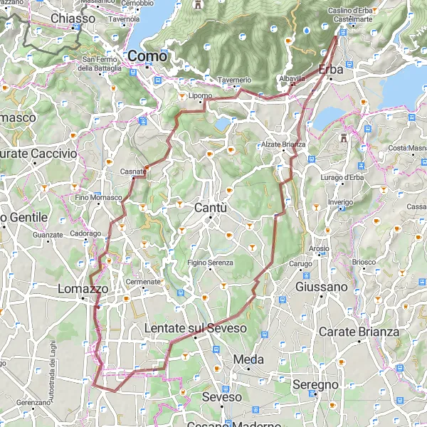 Map miniature of "Exciting Lombardia Gravel Cycling Adventure: Caslino d'Erba - Alzate Brianza - Lentate sul Seveso - Rovellasca - Monte Goj - Ponte Lambro" cycling inspiration in Lombardia, Italy. Generated by Tarmacs.app cycling route planner