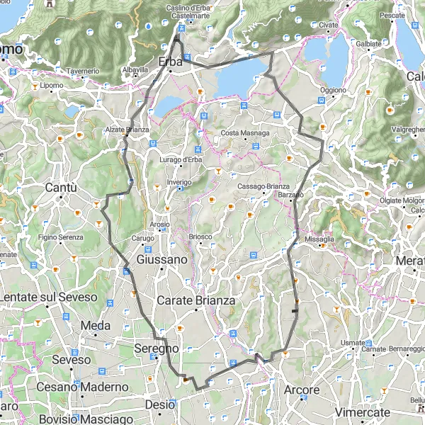Miniatura della mappa di ispirazione al ciclismo "Giro panoramico attraverso le colline lombarde" nella regione di Lombardia, Italy. Generata da Tarmacs.app, pianificatore di rotte ciclistiche
