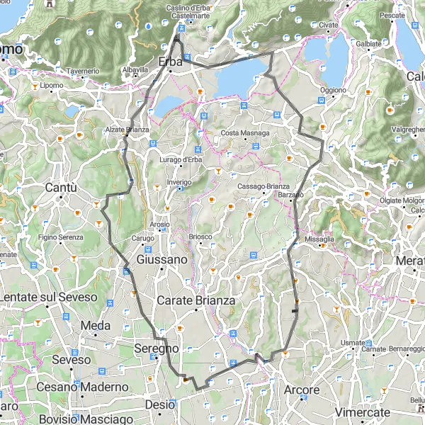 Map miniature of "Lombardia Road Cycling Loop: Caslino d'Erba - Mariano Comense - Alzate Brianza" cycling inspiration in Lombardia, Italy. Generated by Tarmacs.app cycling route planner