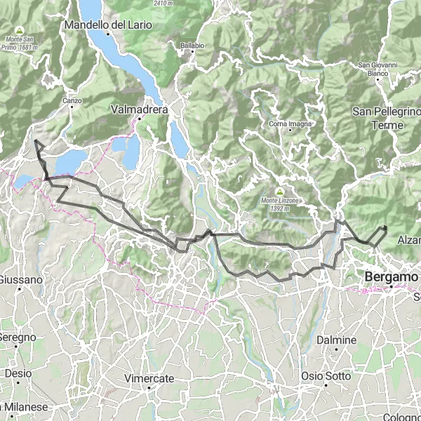 Mapa miniatúra "Cyklotúra po Lombardských kopcoch" cyklistická inšpirácia v Lombardia, Italy. Vygenerované cyklistickým plánovačom trás Tarmacs.app
