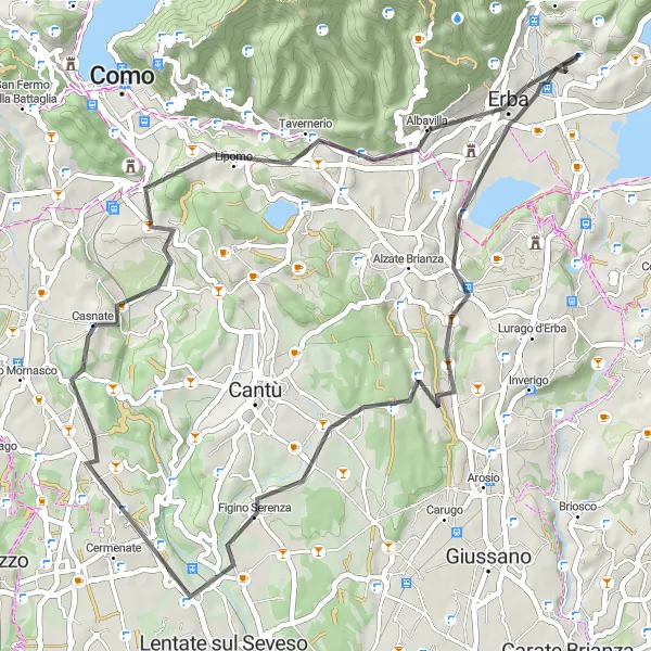 Kartminiatyr av "Sjöar och kullar runt Caslino d'Erba" cykelinspiration i Lombardia, Italy. Genererad av Tarmacs.app cykelruttplanerare