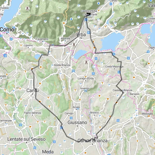 Map miniature of "Lombardia Road Cycling Adventure: Caslino d'Erba - Rogeno - Mariano Comense - Albavilla" cycling inspiration in Lombardia, Italy. Generated by Tarmacs.app cycling route planner