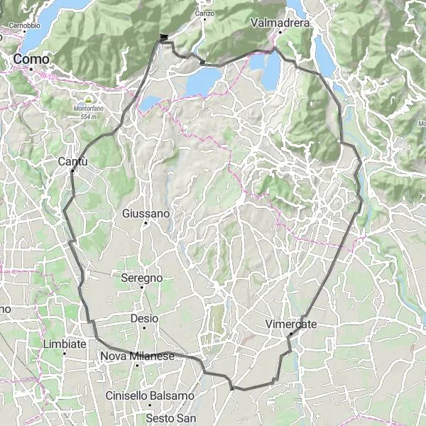 Miniatua del mapa de inspiración ciclista "Ruta de ciclismo Monte Spinei y Monza desde Caslino d'Erba" en Lombardia, Italy. Generado por Tarmacs.app planificador de rutas ciclistas