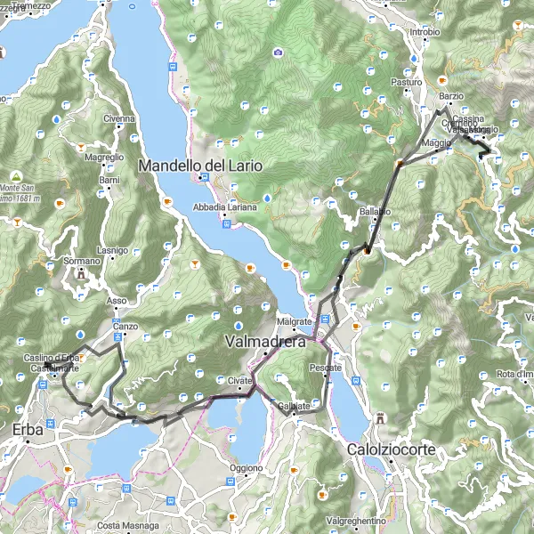 Zemljevid v pomanjšavi "Gorsko kolesarjenje okoli Caslino d'Erba" kolesarske inspiracije v Lombardia, Italy. Generirano z načrtovalcem kolesarskih poti Tarmacs.app